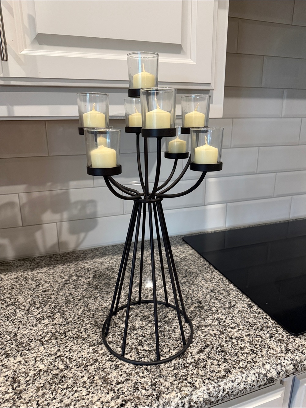 Decorative Black Metal 7-Arm Candle Holder with Cream Glass Votives 21” tall